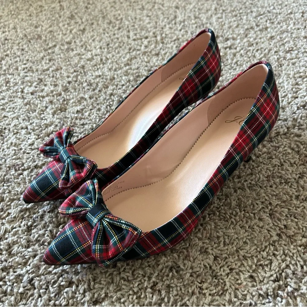 J. Crew Red Green Plaid Bow Pointed-Toe Kitten Heels